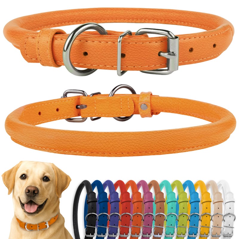 CollarDirect Rolled Leather Dog Collar, Soft Padded Round Puppy Collar, Handmade Genuine Leather Collar Dog Small Large Cat Collars 13 Colors (15-19 Inch, Orange Textured) - Image 1